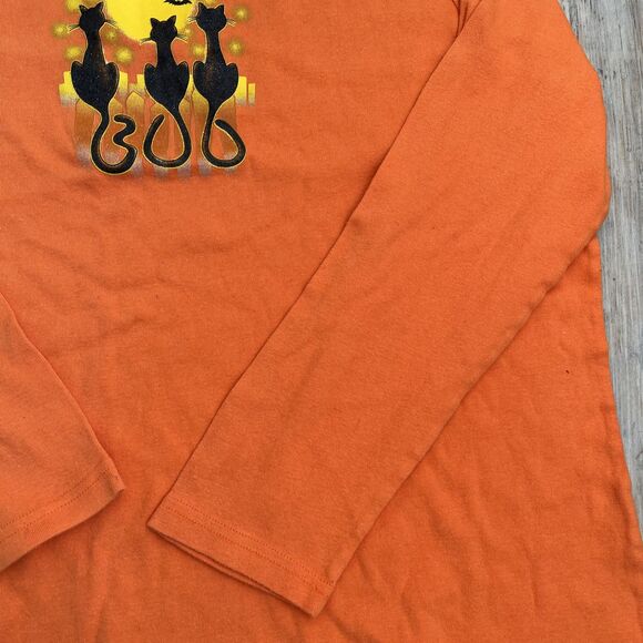 Halloween T-Shirt 2X Orange and Black Cats Moon Vintage Long Sleeve Spooky - Picture 4 of 7